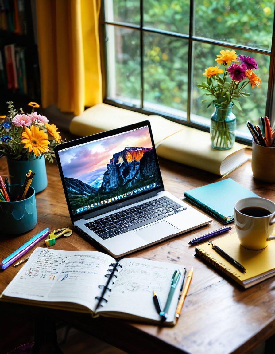 An open laptop displaying a colorful online journal page with creative writing scattered around it, surrounded by artistic tools like pens, notebooks, and vibrant sticky notes. A soft light illuminates the workspace, evoking inspiration, while a window reveals a sunny outdoor scene to represent creativity blooming. The composition should have a cozy, inviting feel that encourages writing and reflection. super-realistic. vibrant colors. warm lighting.