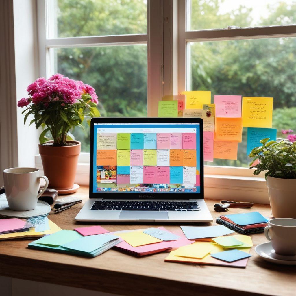 A creative workspace featuring an inspiring blog setup: a laptop open to a vibrant blog page, a steaming cup of coffee, colorful sticky notes pinned on a corkboard, books on blogging stacked nearby, and a window showing a sunlit garden for a refreshing view. The atmosphere should exude creativity and productivity. vibrant colors. super-realistic. 3D.